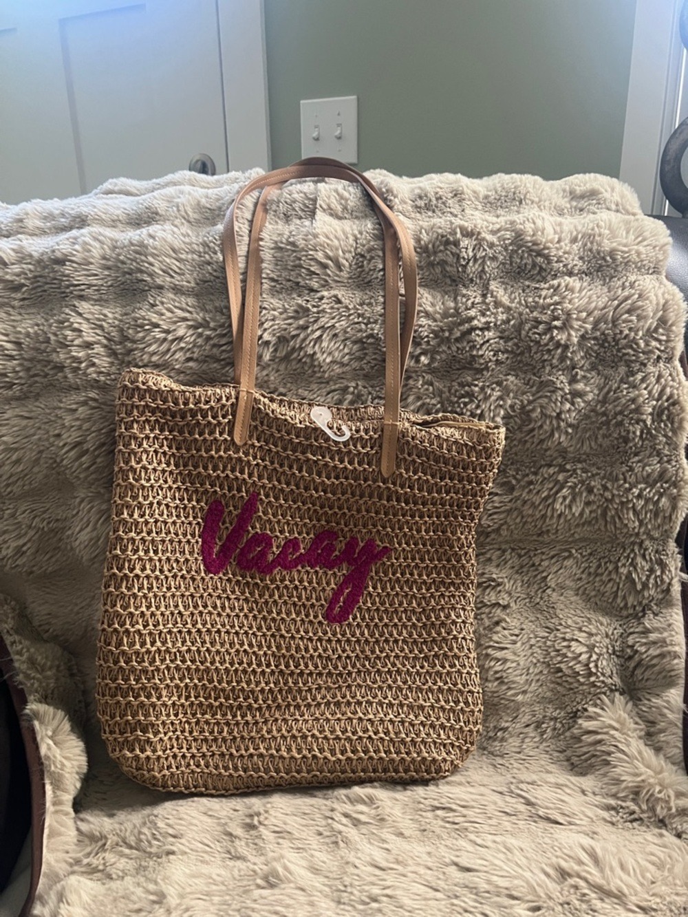 Tan Woven Tote with Pink Script Accent